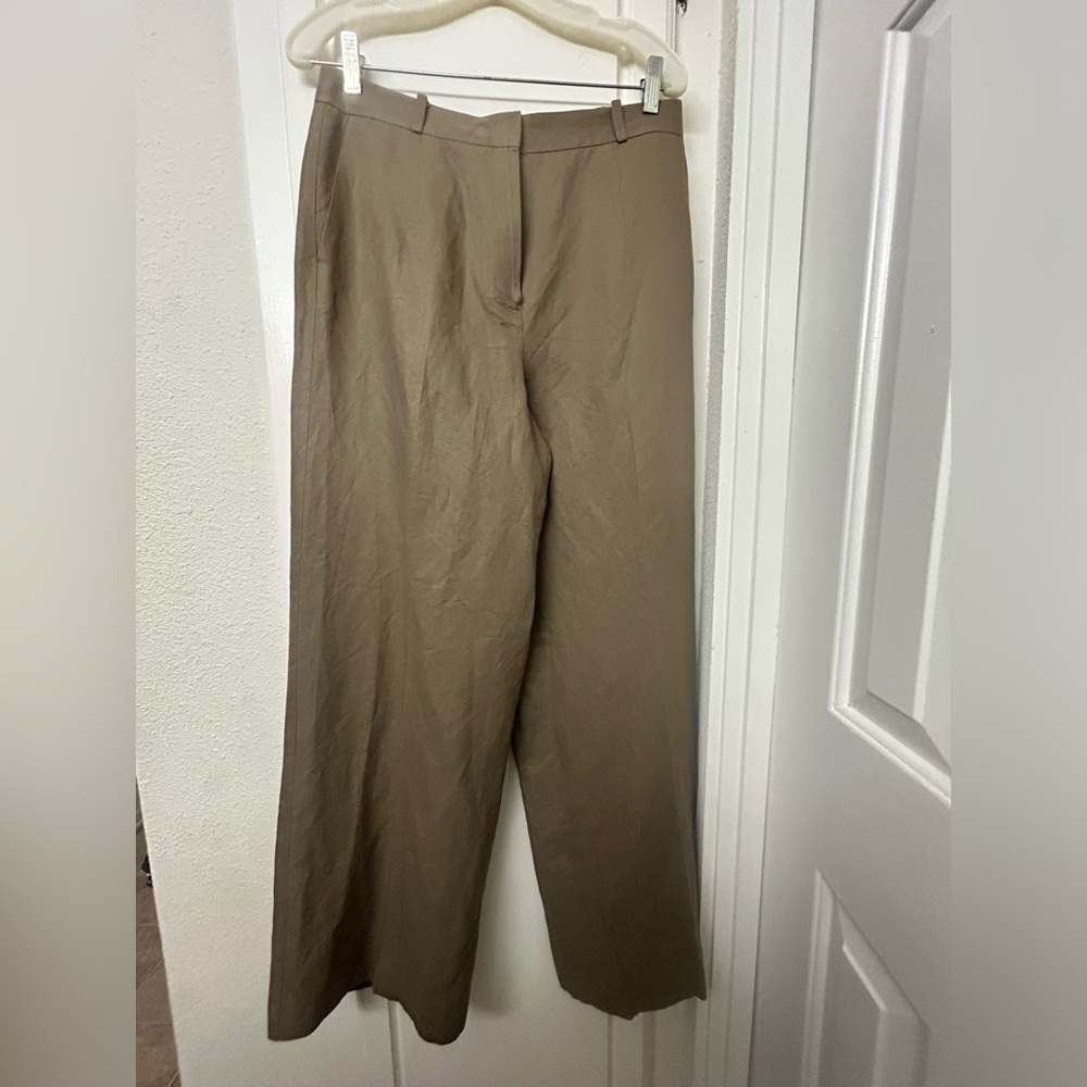 Talbots Wide Leg light brown Pants Linen Blend Size 14 Italian Fabric Trousers